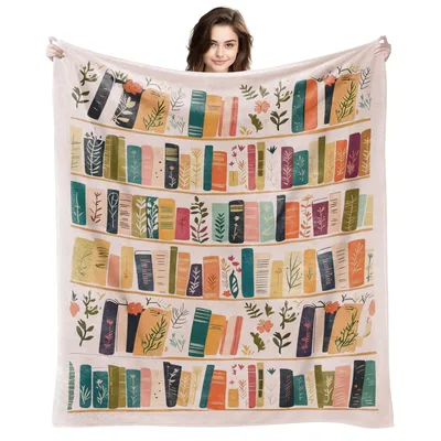 Colorful Bookshelf with Plants Blanket for Readers and Book Lovers