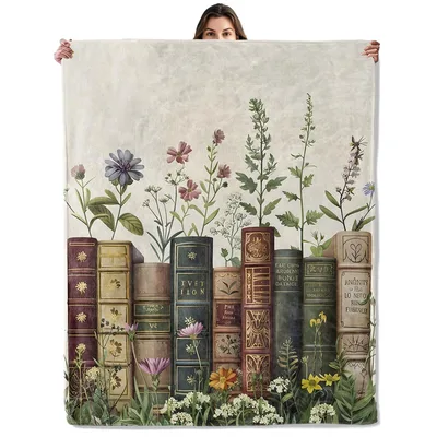 Antique Book Spines Blanket: Vintage Books and Wildflowers Design