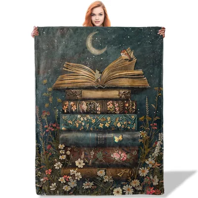 Vintage Book Stack Under Blanket: Floral Book Lovers Throw