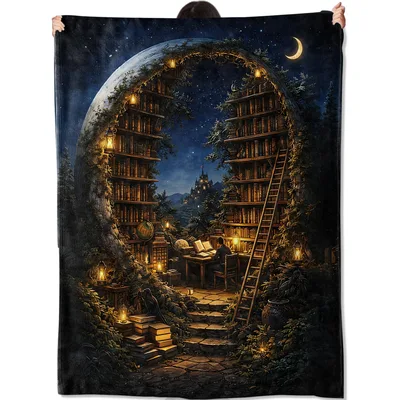 Fantasy Library Book Lover Blanket: Enchanted Moonlit Reading Nook