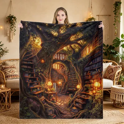 Enchanted Tree Library Blanket: Fantasy Forest Reading Nook Design