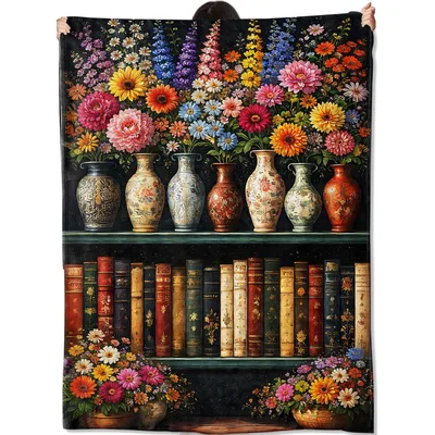 Vintage Floral Bookshelf Blanket: A Library of Flowers and Books