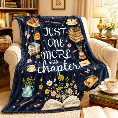Midnight Navy Floral Book Blanket: Just One More Chapter Design