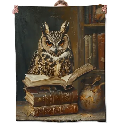 Owl Reading Books in Library Blanket: A Vintage Owl with Open Book