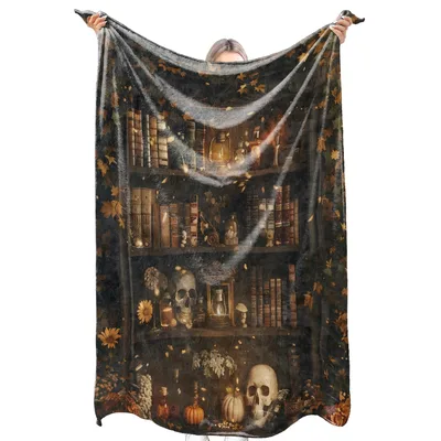 Gothic Bookshelf Skulls Blanket: Dark Academia Throw for Book Lovers