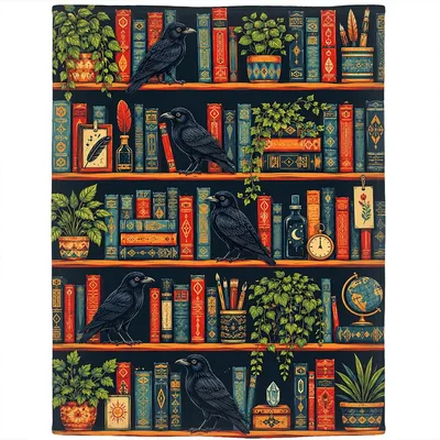 Crows Bookshelf Books Blanket: A Gothic Library Design for Readers