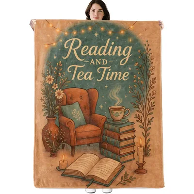 Reading Tea Nook Blanket: Cozy Book and Tea Scene