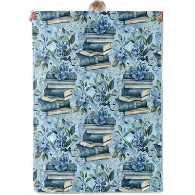 Blue Floral Stacked Books Blanket featuring vintage tomes