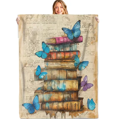 Stacked Vintage Books Blanket: Literary Art with Blue Butterflies