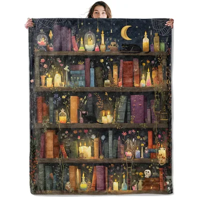 Witchy Bookshelf Cat Blanket featuring dark shelves