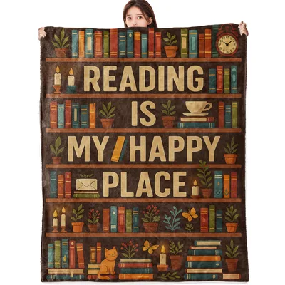 Bookshelf Reading Blanket: Cozy Book Lover Design with Shelves and Cat