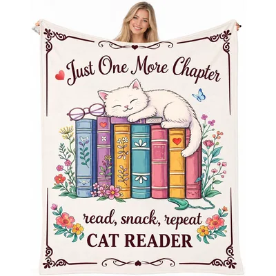 Sleepy White Cat Reader Blanket: Just One More Chapter Design