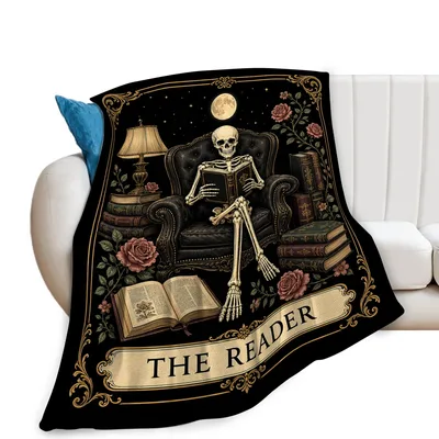 Skeleton Reader Tarot Card Blanket: Gothic Book Lover Throw