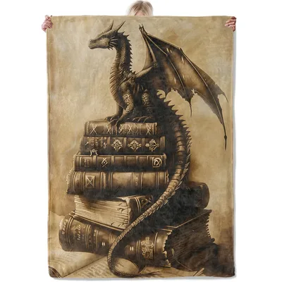 Sepia Dragon Guarding Ancient Blanket: Fantasy Art for Book Lovers