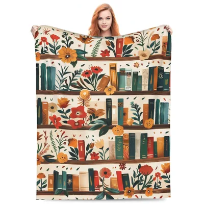 Books Bookshelf Flowers Blanket: Cozy Design for Readers