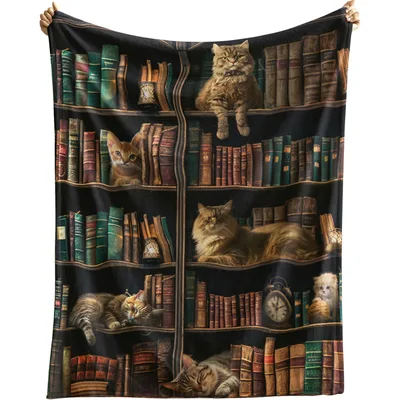 Cats Bookshelves Library Blanket: Vintage Shelf Design for Readers