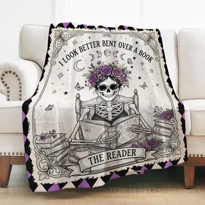 Skeleton Reader Bookish Blanket featuring a gothic skeleton