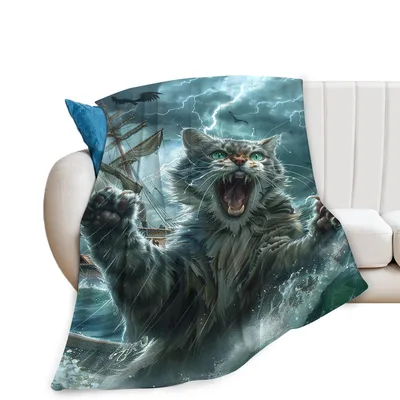 Roaring Cat in Storm Blanket: A Fierce Feline Rising from the Sea