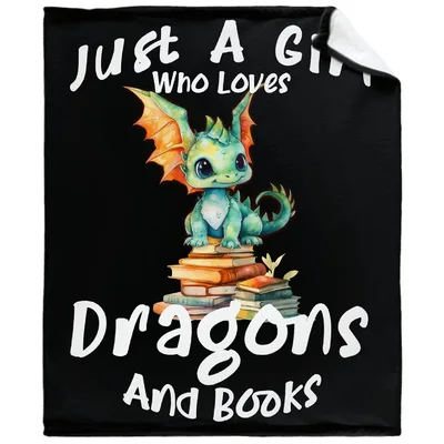 Dragons and Books Girl Blanket featuring a cute green dragon perched