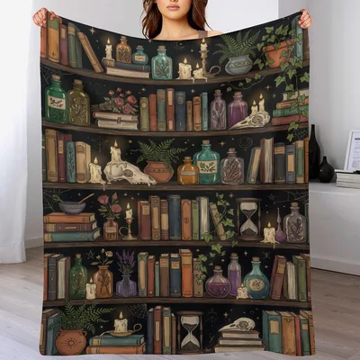 Bookshelf with Bottles Blanket featuring vintage books