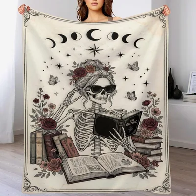 Skeleton Reading Book Moon Blanket for Gothic Book Lovers