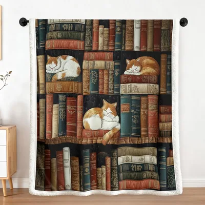 Sleeping Cats on Bookshelves Blanket: Cozy Feline Library Design