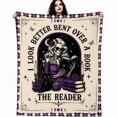 Skeleton Reader Bent Over Blanket for Gothic Book Lovers