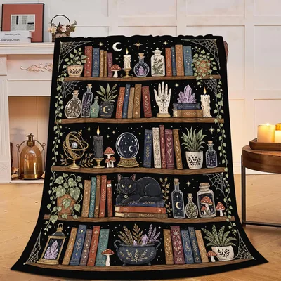 Witchy Bookshelf with Crystals Blanket: A Magical Reading Nook Design