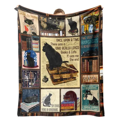 Black Cat and Books Blanket: Vintage Collage for Readers