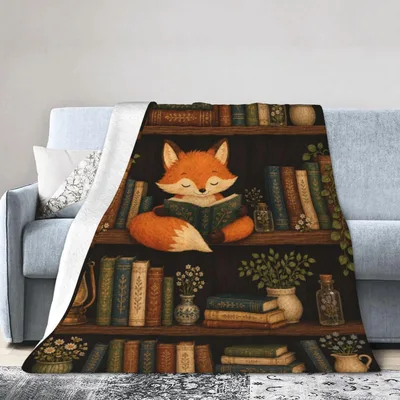 Fox Reading Among Bookshelves Blanket for Cozy Library Lovers