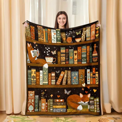 Cozy Bookshelf Library Scene Blanket: Fox and Books Design