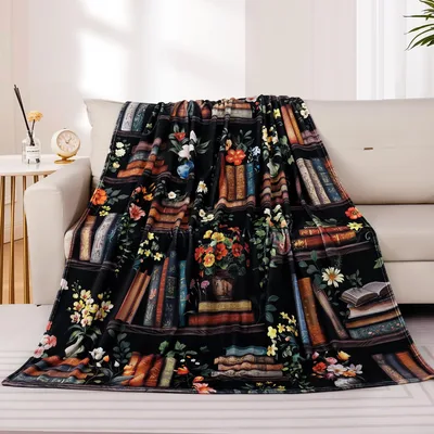 Vintage Bookshelf with Flowers Blanket for Literary Lovers