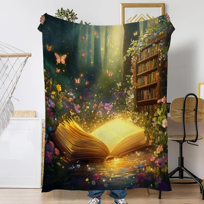 Magical Forest Book Scene Blanket: Enchanted Library Throw for Readers