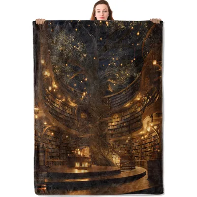 Magical Library Tree Staircase Blanket for Fantasy Book Lovers
