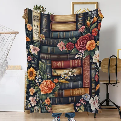 Vintage Books Flower Pattern Blanket: Cozy Fleece Throw