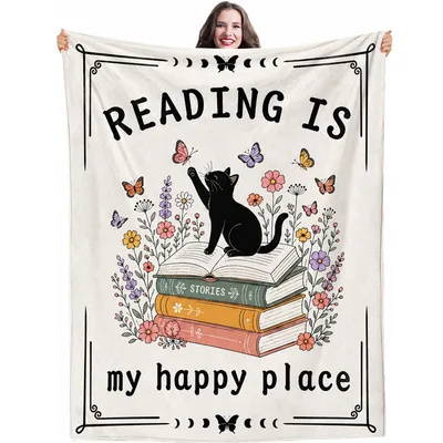 Reading Is My Happy Blanket featuring a black cat on books