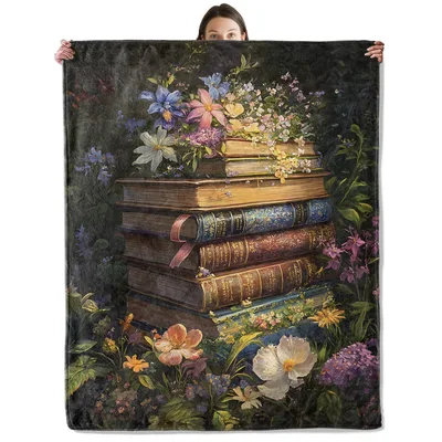 Vintage Books and Flowers Blanket: A Literary Garden Throw