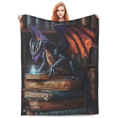 Dragon Resting on Books Blanket: Fantasy Art for Readers