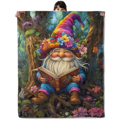 Reading Gnome Under Colorful Blanket: A Book Lover's Forest Escape