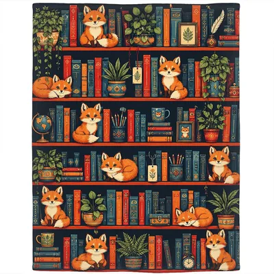 Foxes Reading on Bookshelf Blanket: Cozy Library Design