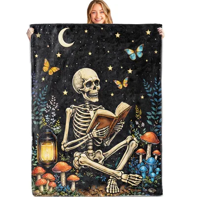 Skeleton Reading Under Moon Blanket