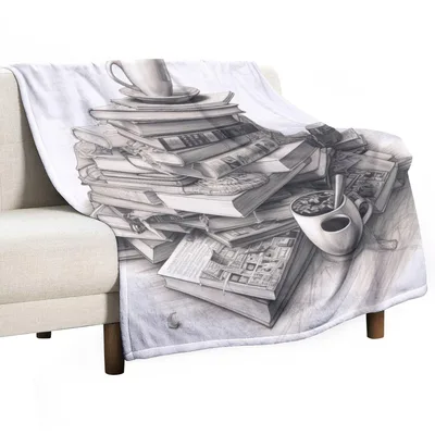 Stack of Books Blanket: Pencil Sketch of Tumbled Volumes and Coffee