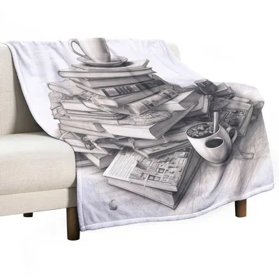 Stack of Books and Coffee Blanket: Pencil Sketch Design for Readers