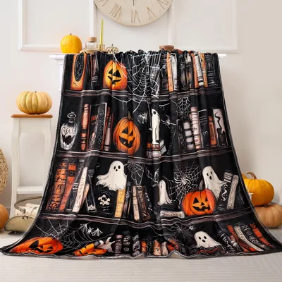 Halloween Bookshelf Ghost Pumpkin Blanket for Spooky Readers