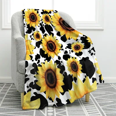Cow Pattern Blanket: Sunflower Print for Retro Boho Lovers