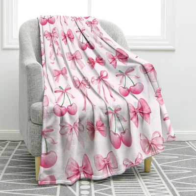Pink Bows Cherries Pattern Blanket: Sweet Retro Design for Cozy Days