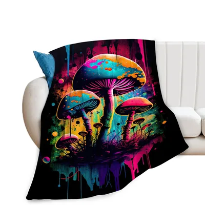 Neon Psychedelic Mushrooms Blanket: Vibrant Fungi Art for Retro Spaces