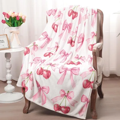 Coquette Pink Bows Cherries Blanket for Sweet Retro Style