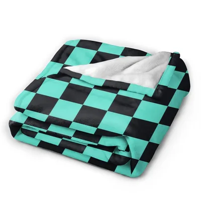 Checkered Pattern Teal Blanket: Bold Black and Mint Geometric Design