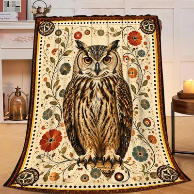 Owl Folk Art Blanket: Vintage Owl with Floral Vines and Boho Patterns